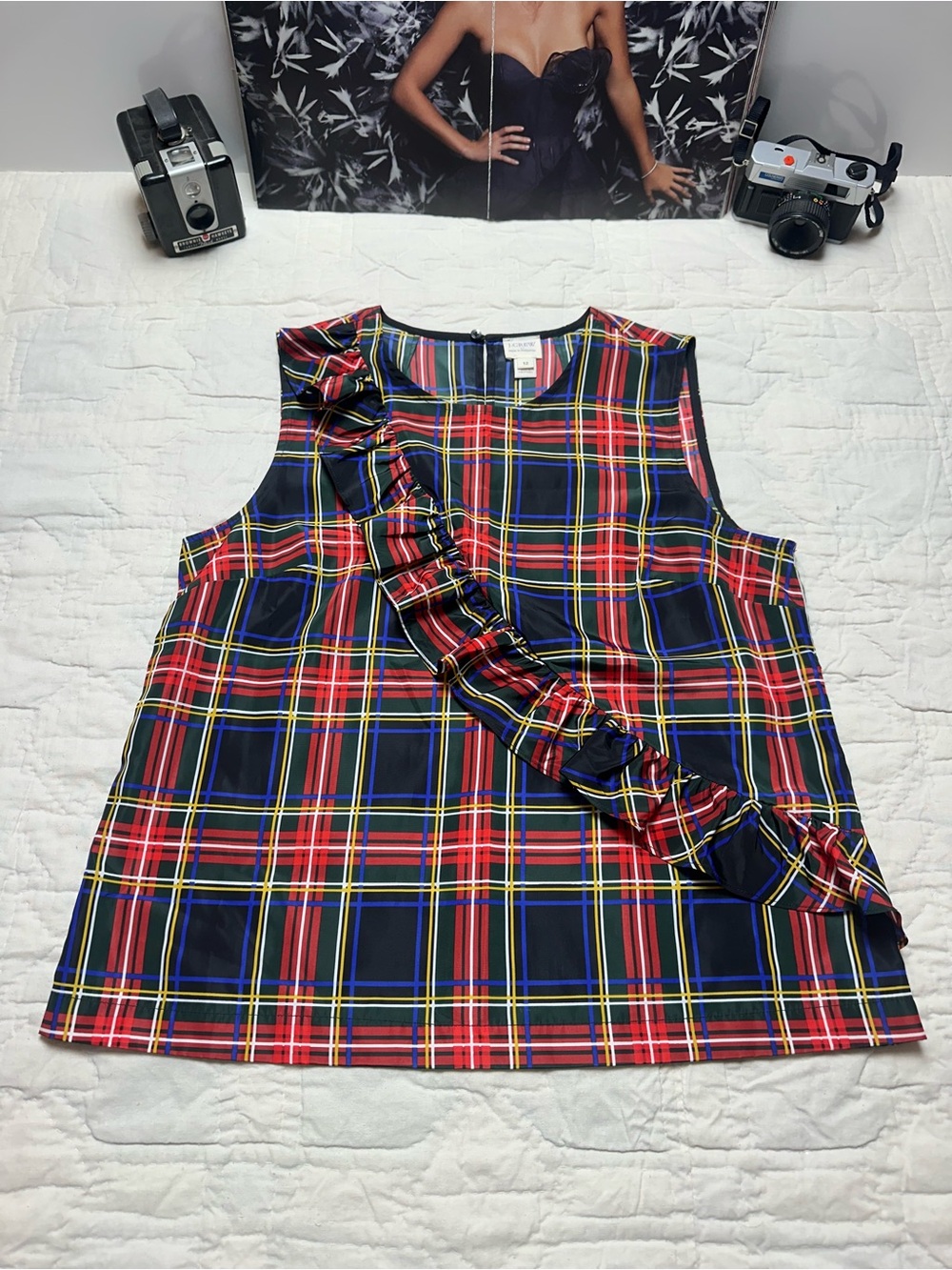 J.Crew Factory Tartan Plaid Ruffle Sleeveless Top Red Blue Size 12